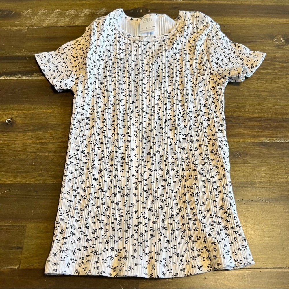 Zara Girl's Tee T-Shirt Ribbed Floral Cream Stretchy 8